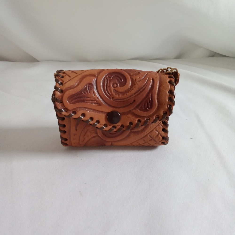 Vintage Texas Tooled Leather Mini Coin Purse Tan Floral Whipstitch Snap Pouch